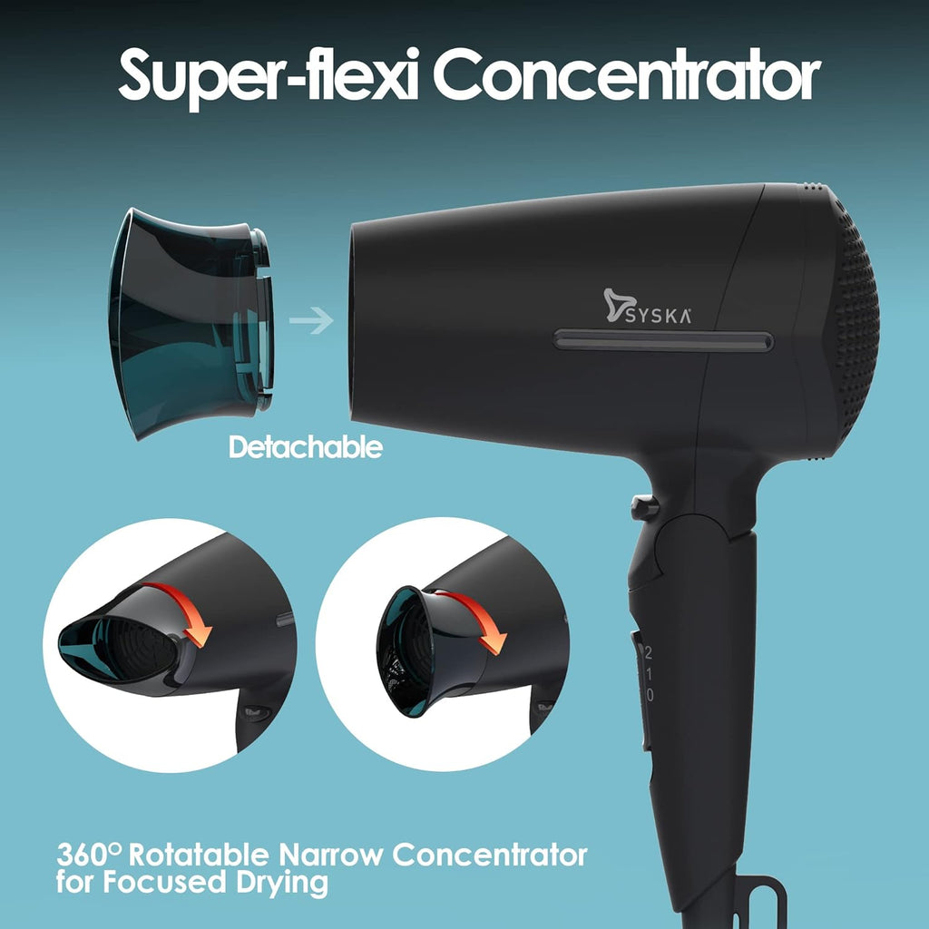 Syska HD1660 with super-flexi concentrator for focused and precise hair drying