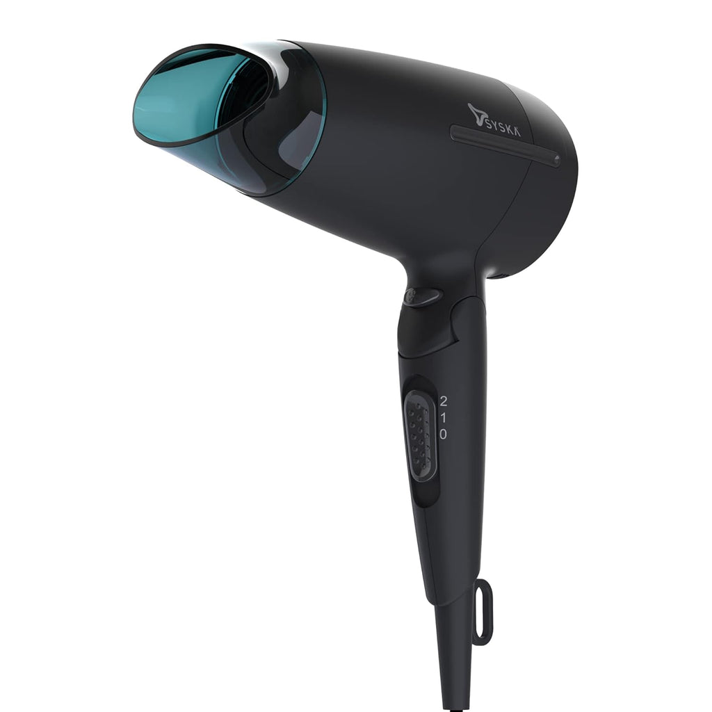 Front view of the sleek Syska HD1660 hair dryer in stylish black.
