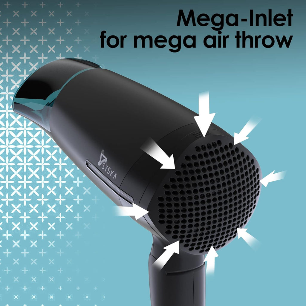 Syska HD1660 hair dryer's mega-inlet design for powerful air throw and efficient drying