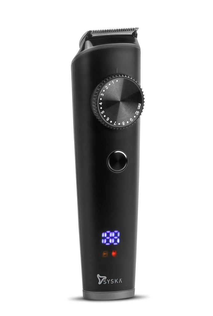SYSKA HT1100 Beard Trimmer featuring precision dial and digital battery display in black
