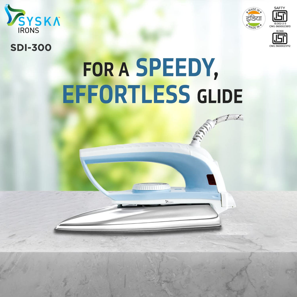 Syska Blue Easy Glide Iron emphasizing the brand and quality