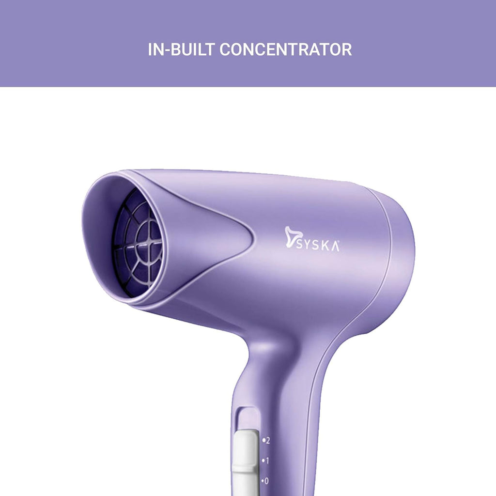 Side view of the Syska HD1600 Trendsetter Hair Dryer, illustrating its compact and stylish build.