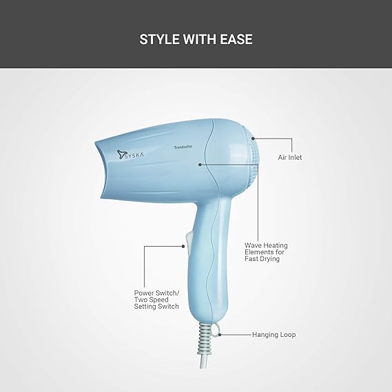 Syska Trendsetter HD1010 hair dryer showcasing its features including 2-speed settings and wave heating element.
