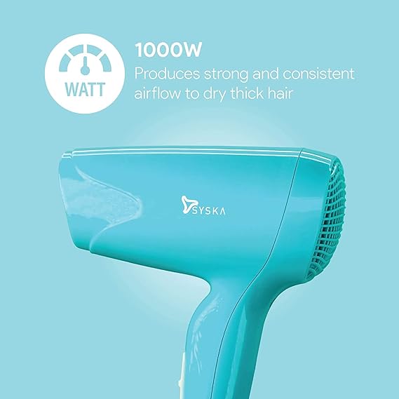 Durable and stylish Syska hair dryer in sky blue, perfect for everyday styling