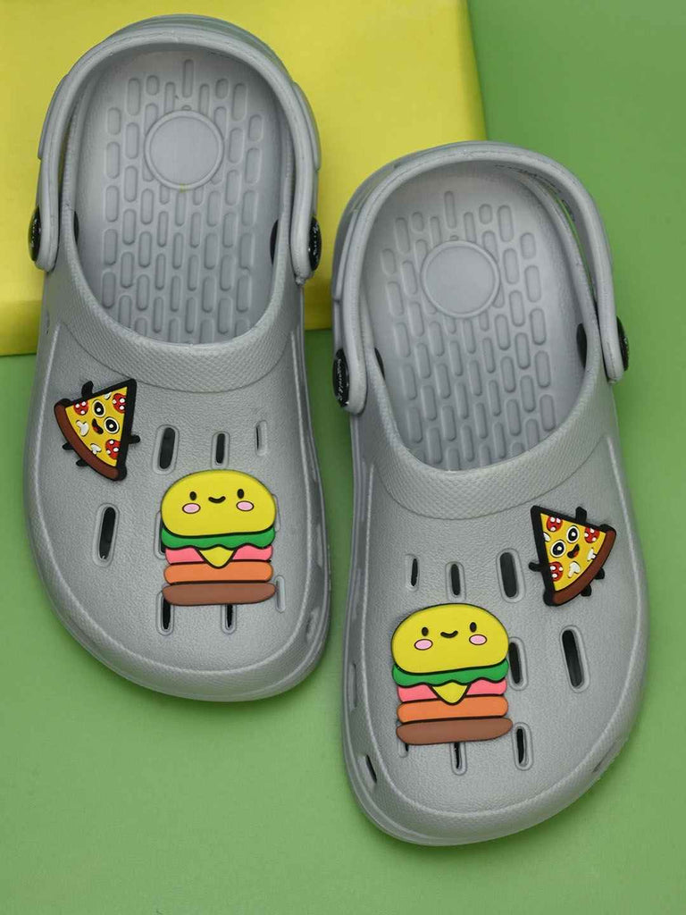 Tasty Treats Theme Grey Clogs with Cheese burger & Pizza Charms for Boys- Creative view