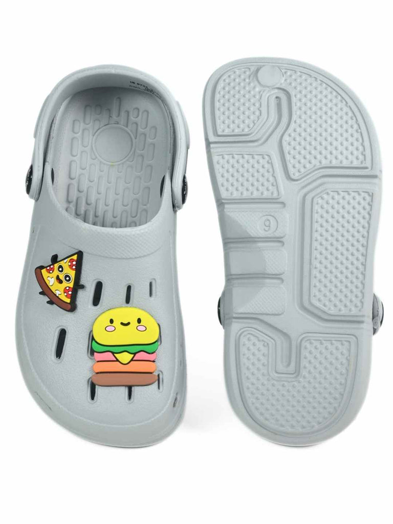 Tasty Treats Theme Grey Clogs with Cheese burger & Pizza Charms for Boys- Front & Back view