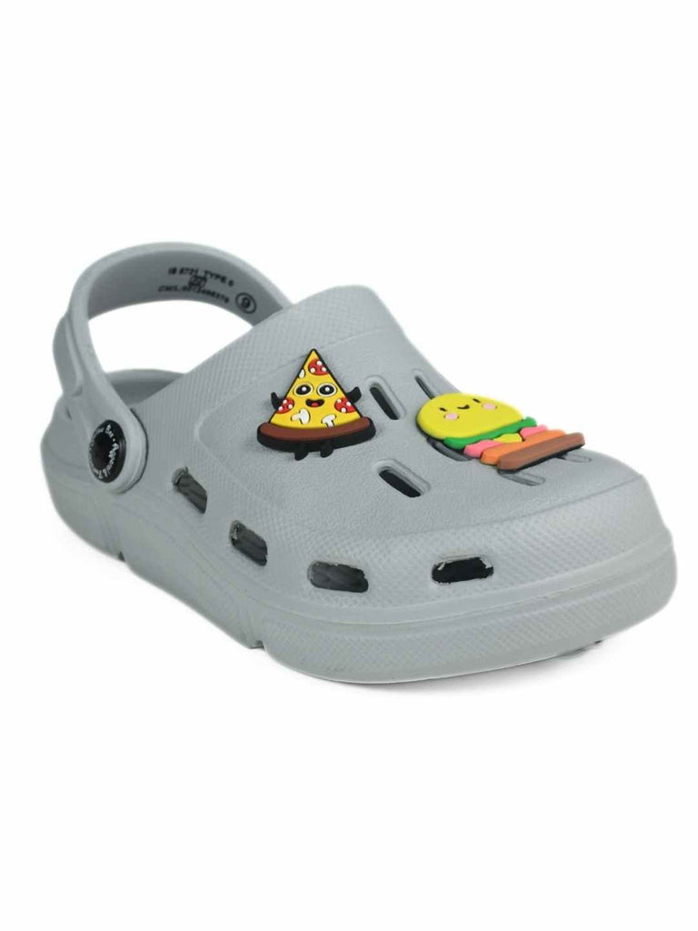 Tasty Treats Theme Grey Clogs with Cheese burger & Pizza Charms for Boys- Angle view