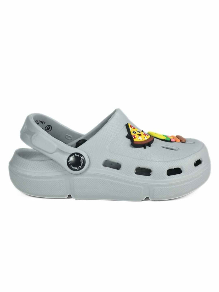 Tasty Treats Theme Grey Clogs with Cheese burger & Pizza Charms for Boys- Side view
