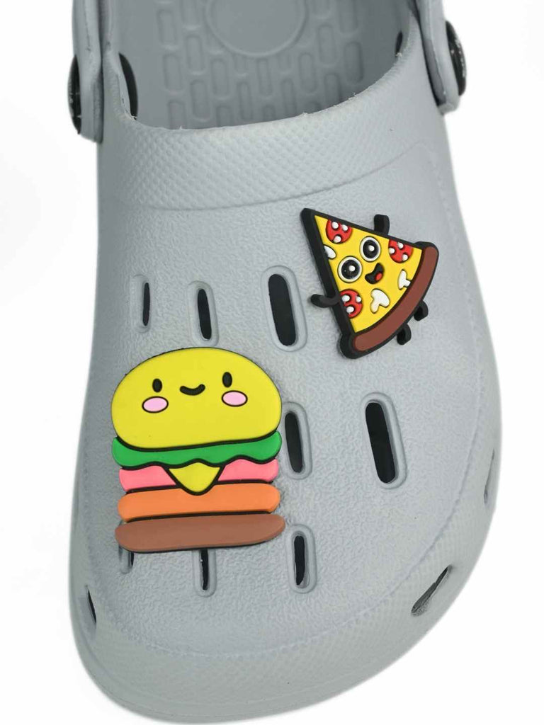 Tasty Treats Theme Grey Clogs with Cheese burger & Pizza Charms for Boys- Close up view