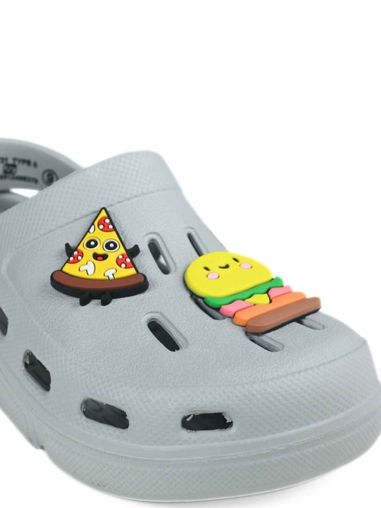 Tasty Treats Theme Grey Clogs with Cheese burger & Pizza Charms for Boys- Zoom view