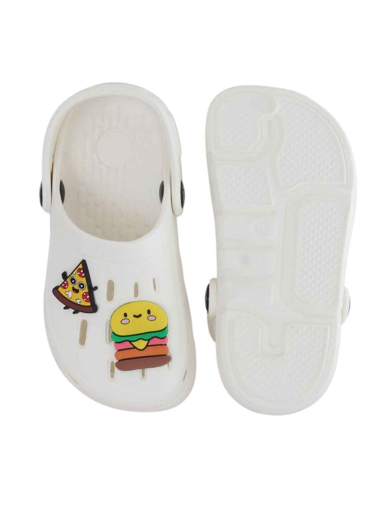 Tasty Treats Theme White Clogs with Cheese burger & Pizza Charms for Boys-Front & Back View