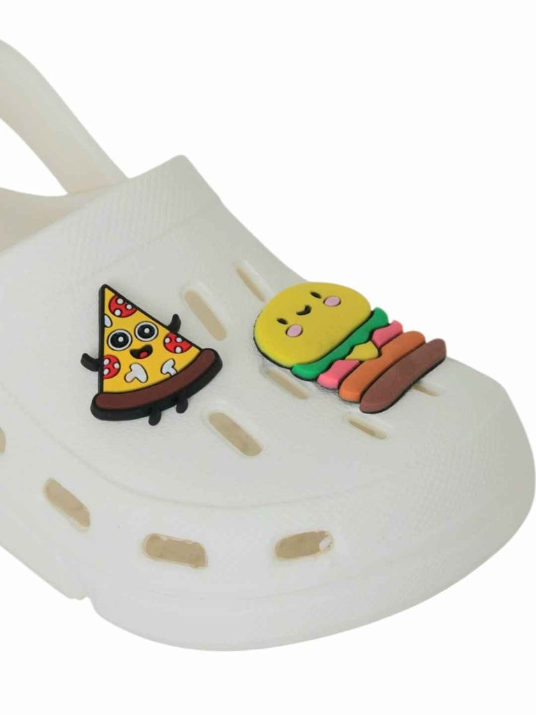 Tasty Treats Theme White Clogs with Cheese burger & Pizza Charms for Boys-Close up view