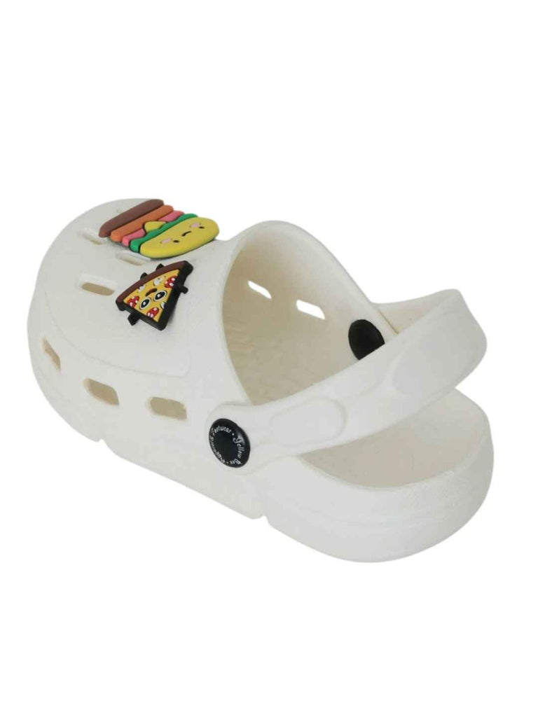 Tasty Treats Theme White Clogs with Cheese burger & Pizza Charms for Boys-Back View