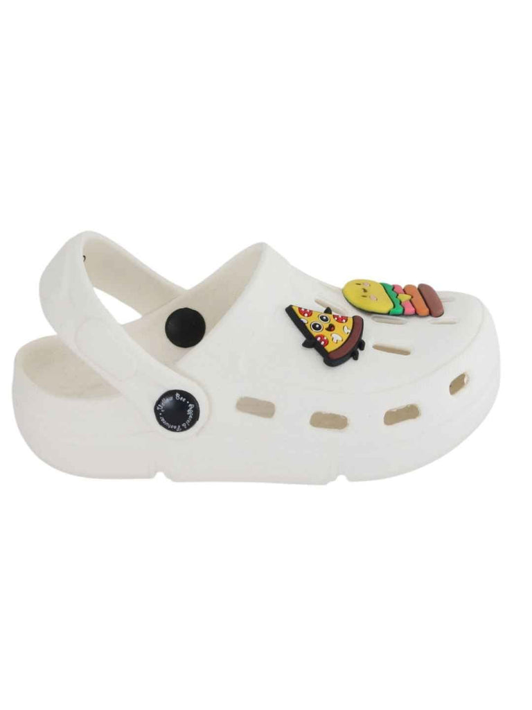 Tasty Treats Theme White Clogs with Cheese burger & Pizza Charms for Boys-Side View