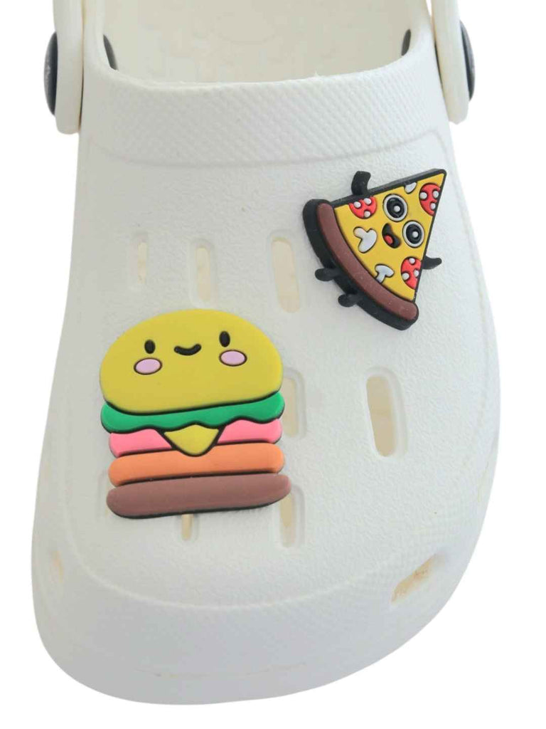 Tasty Treats Theme White Clogs with Cheese burger & Pizza Charms for Boys-Front View