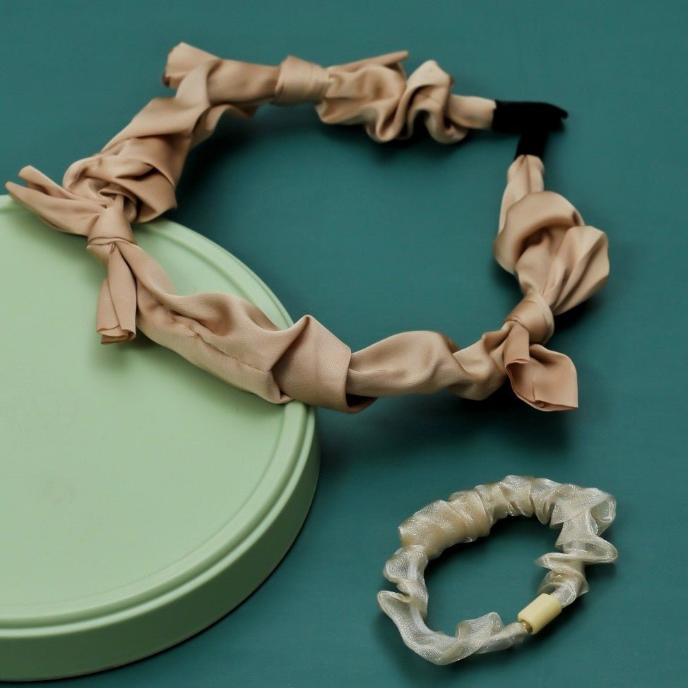 Yellow Bee's Beige Bow Hairband and Cream Glossy Scrunchie showcased with elegance