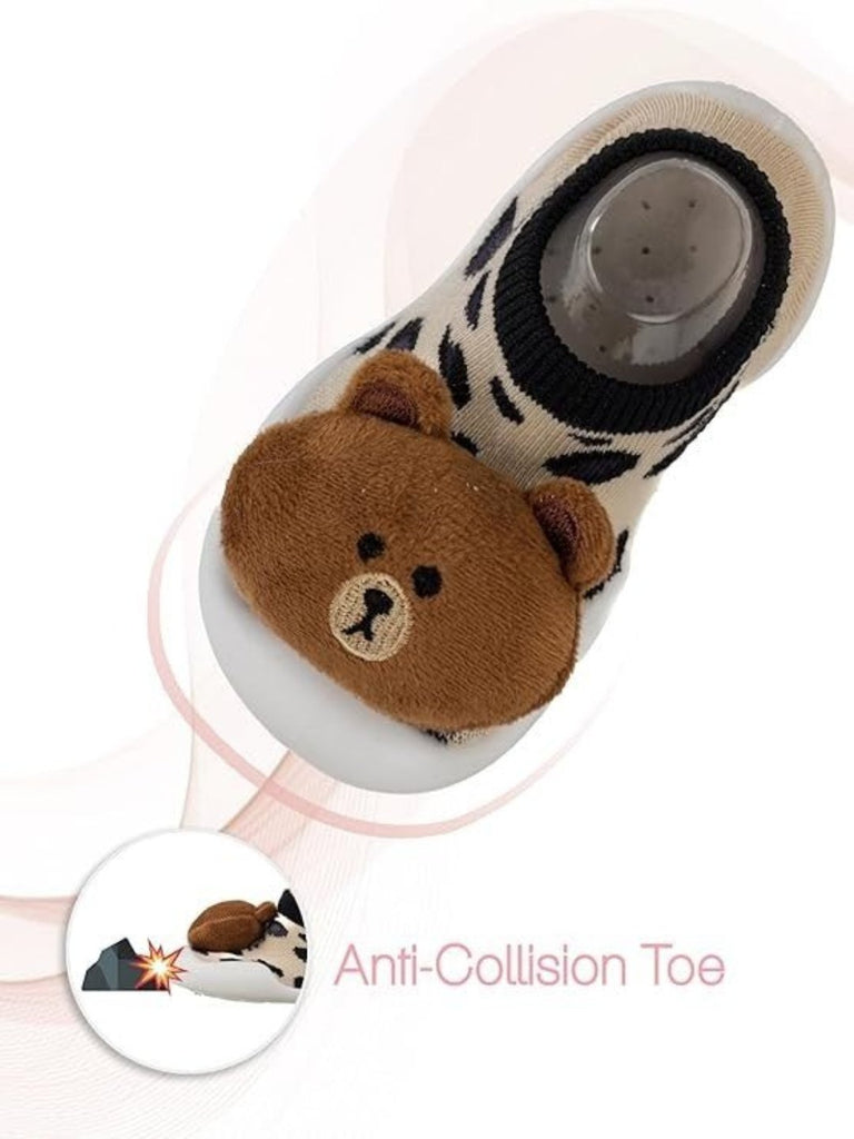 Close-up view of Yellow Bee Teddy Stuffed Toy Anti-Skid Rubber Sole Shoe Socks for Boys.