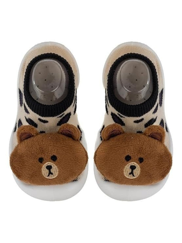 Top view of Yellow Bee Teddy Stuffed Toy Anti-Skid Rubber Sole Shoe Socks for Boys.