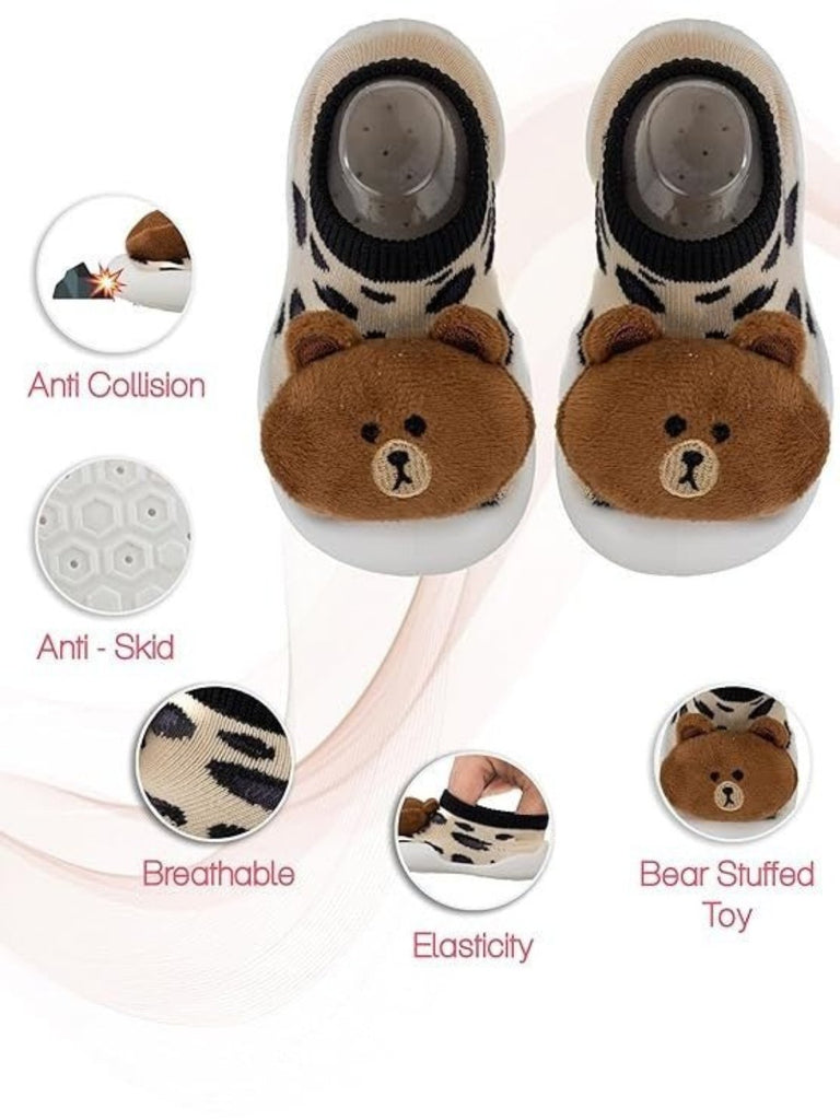 Detailed view of Yellow Bee Teddy Stuffed Toy Anti-Skid Rubber Sole Shoe Socks for Boys.