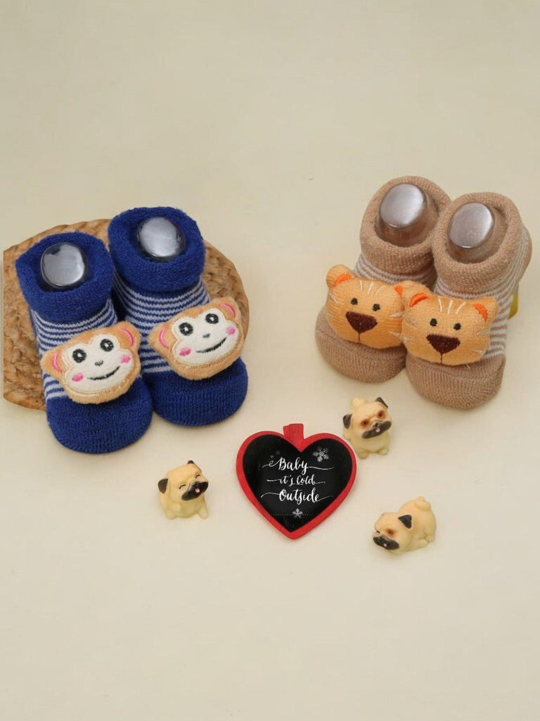 Baby's Tiger and Monkey Stuffed Toy Socks Set with Heart-Shaped Message