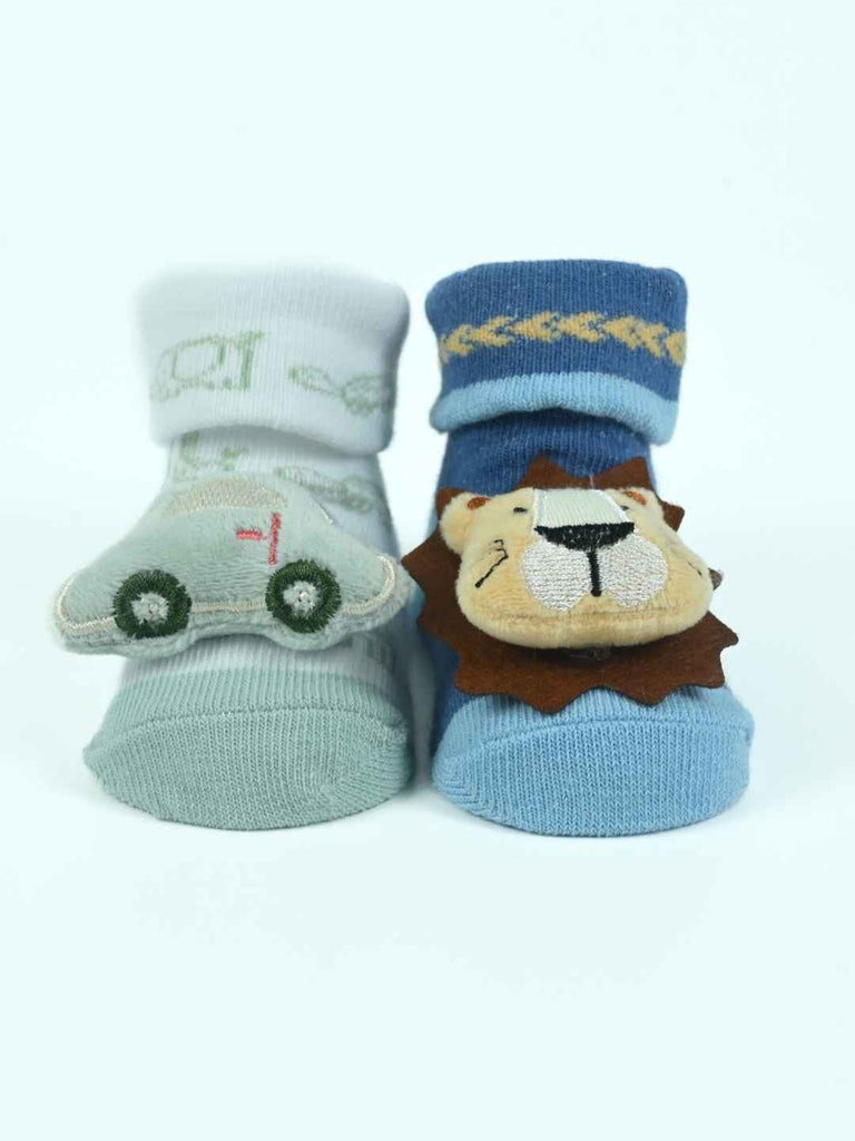 Tiny Explorer Baby Socks Set – Soft Car and Lion Face Socks for Playful Little Feet-Front View