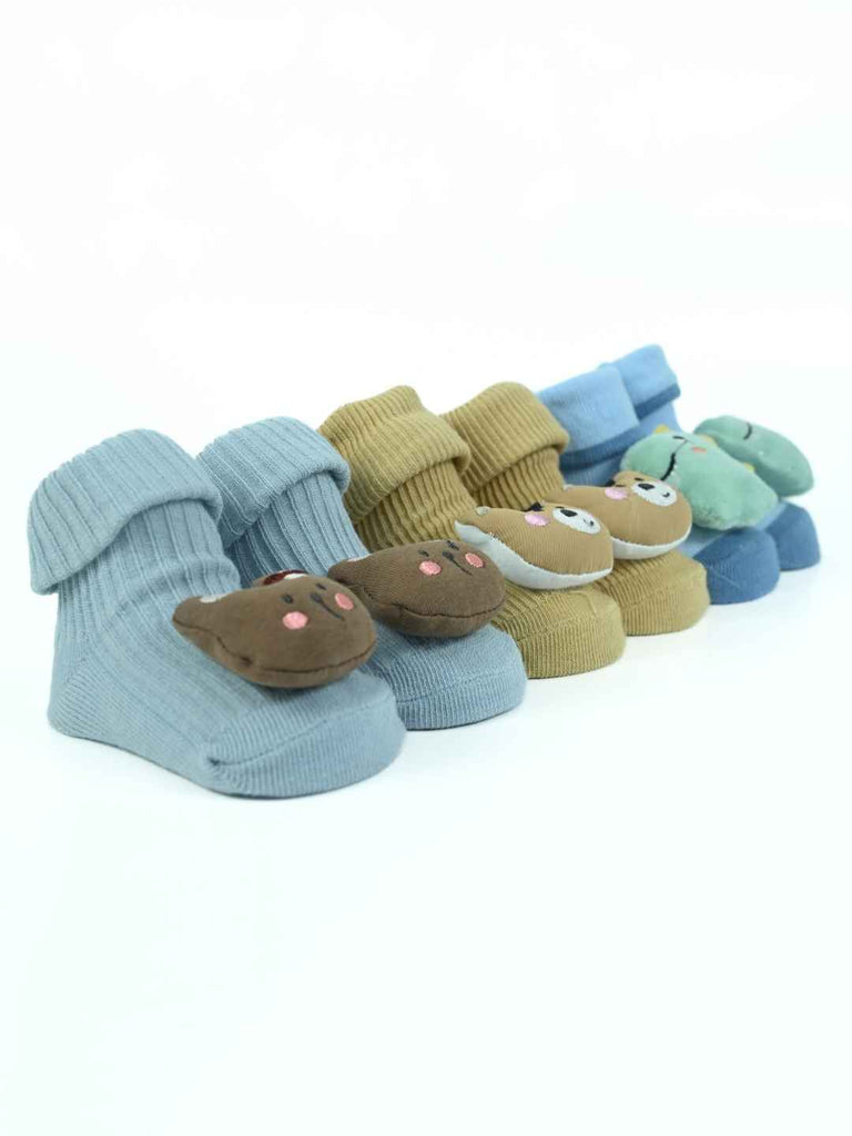Tiny Explorers Baby Socks Combo – Dinosaur and Bear-Themed Soft Knit Booties (3-Pack)-Angle View