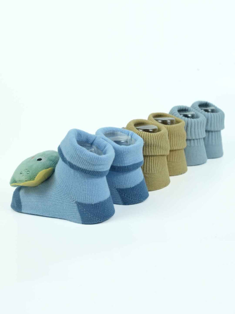 Tiny Explorers Baby Socks Combo – Dinosaur and Bear-Themed Soft Knit Booties (3-Pack)-Back View