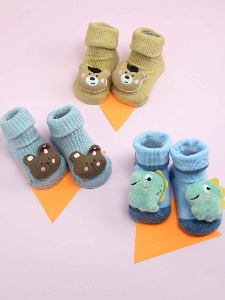 Tiny Explorers Baby Socks Combo – Dinosaur and Bear-Themed Soft Knit Booties (3-Pack)- Creative view