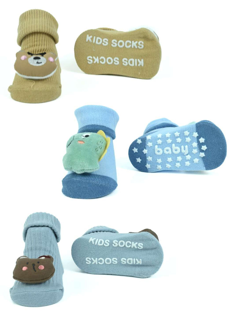Tiny Explorers Baby Socks Combo – Dinosaur and Bear-Themed Soft Knit Booties (3-Pack)-Front & Back View