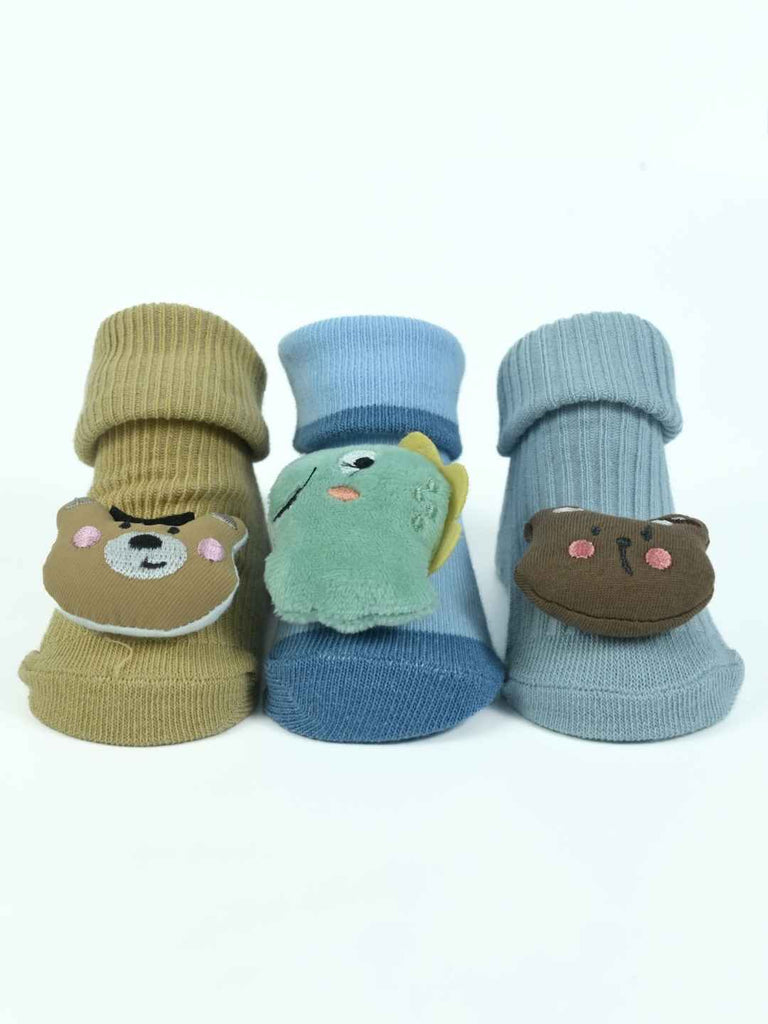 Tiny Explorers Baby Socks Combo – Dinosaur and Bear-Themed Soft Knit Booties (3-Pack)-Front View