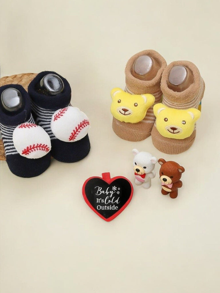 Baseball and Bear Stuffed Toy Socks Set for Babies on a Warm Background