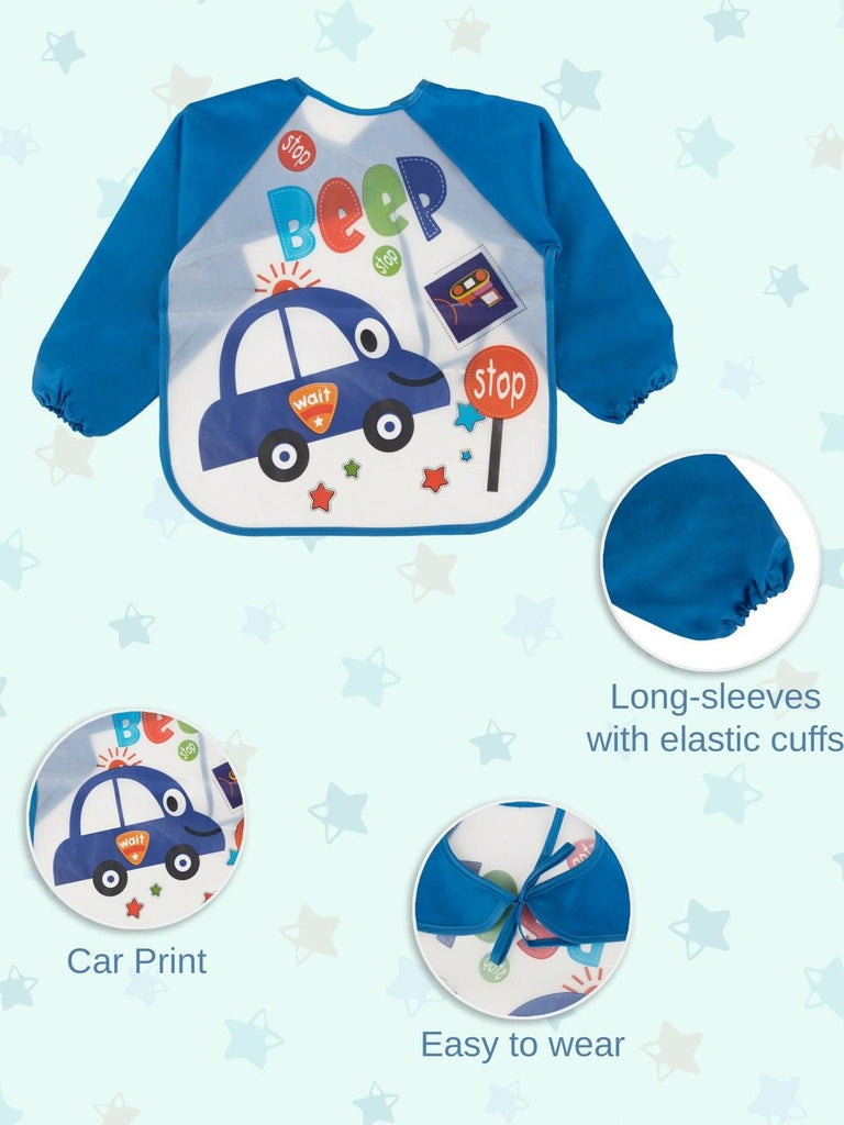 Additional details and angles of the Tiny Tots Traffic Long-Sleeve Waterproof Baby Bib, highlighting the waterproof material and elastic cuffs.