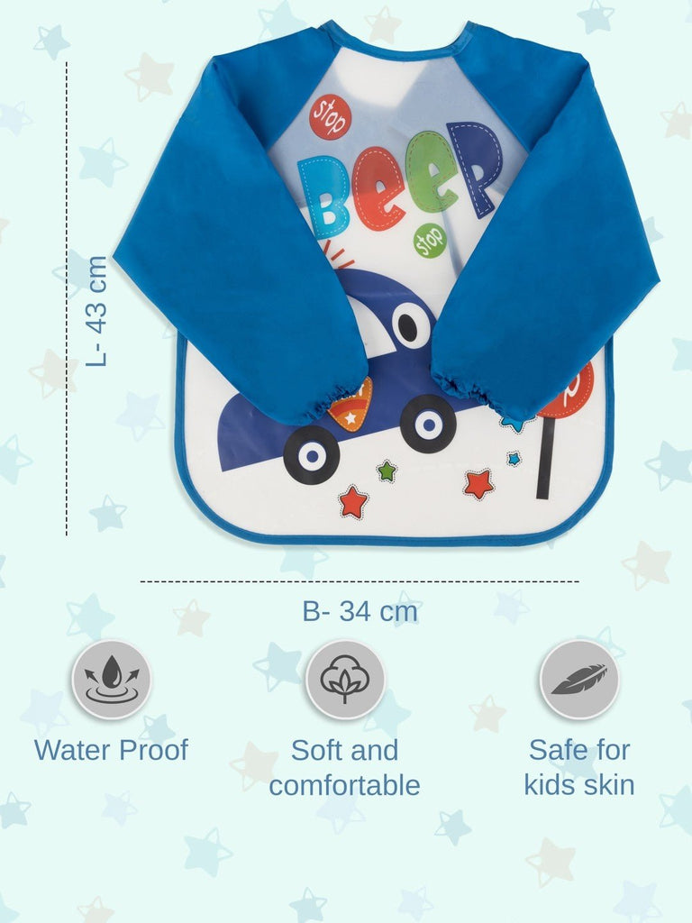 Size details and design features of the Tiny Tots Traffic Long-Sleeve Waterproof Baby Bib for Boys.