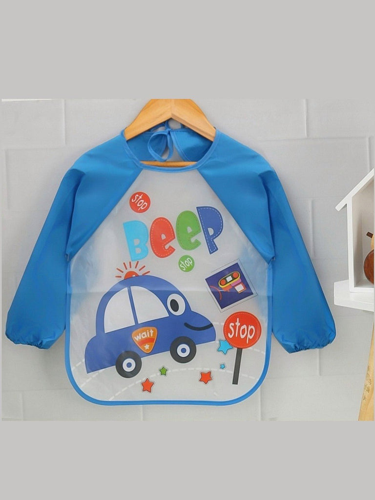 Display setup of Tiny Tots Traffic Long-Sleeve Waterproof Baby Bib showcasing the car print and colors.