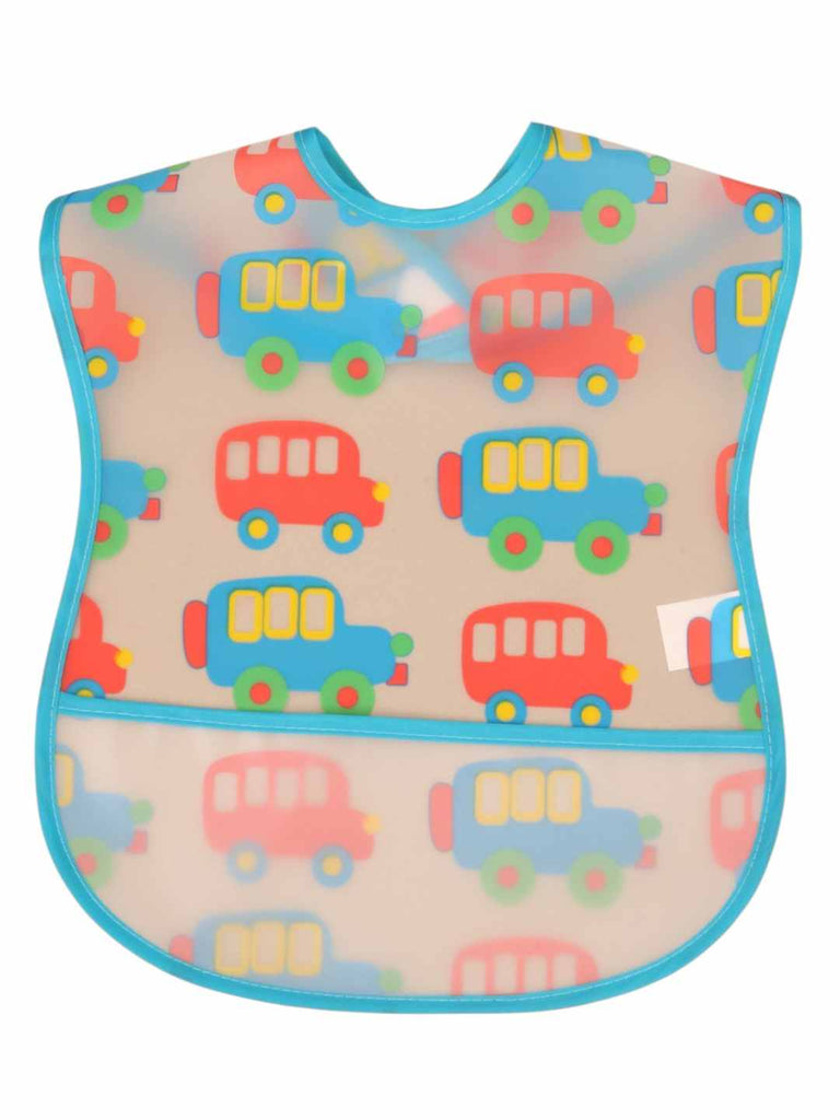 TinyTransportBabyBib_MulticolorVehiclePatternBibwithBlueTrim_Pocket-FrontView