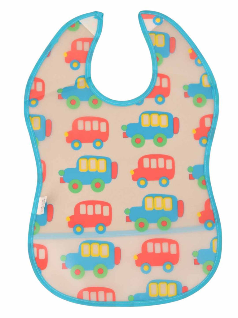 TinyTransportBabyBib_MulticolorVehiclePatternBibwithBlueTrim_Pocket-BackView