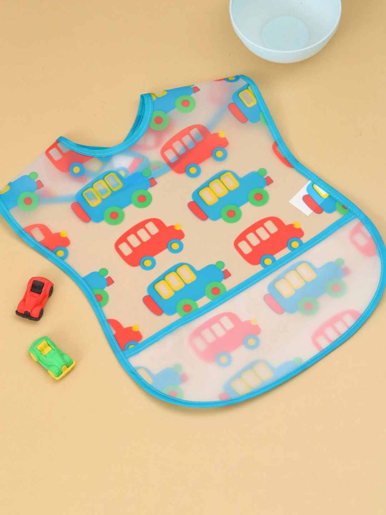 TinyTransportBabyBib_MulticolorVehiclePatternBibwithBlueTrim_Pocket-CreativeView