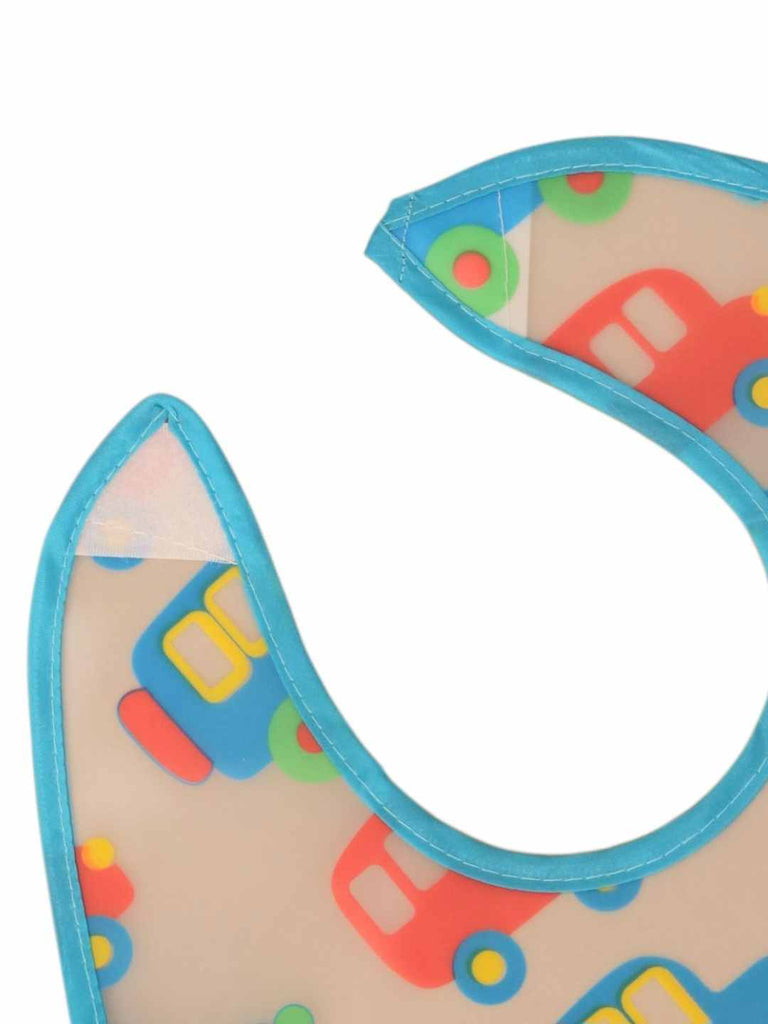 TinyTransportBabyBib_MulticolorVehiclePatternBibwithBlueTrim_Pocket-Showing  Velcro View