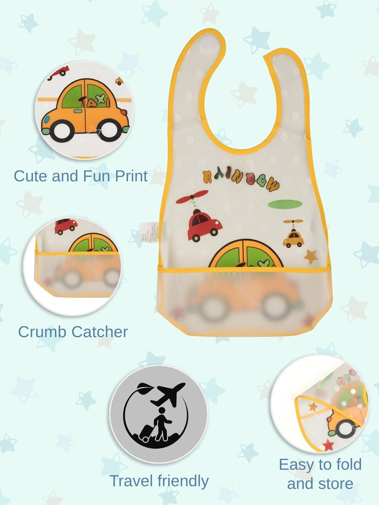 Detail view of the car and giraffe theme on the Tiny Travelers and Pastoral Play baby bib.