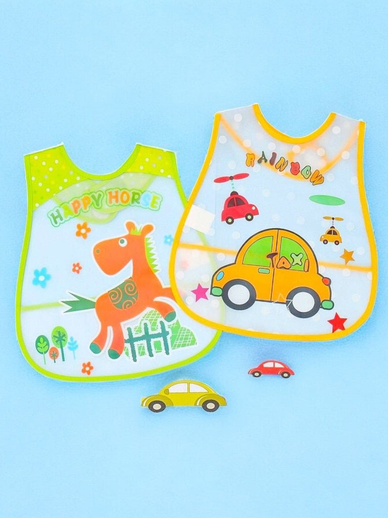 Display showing the playful car and giraffe designs on Yellow Bee's baby bib.