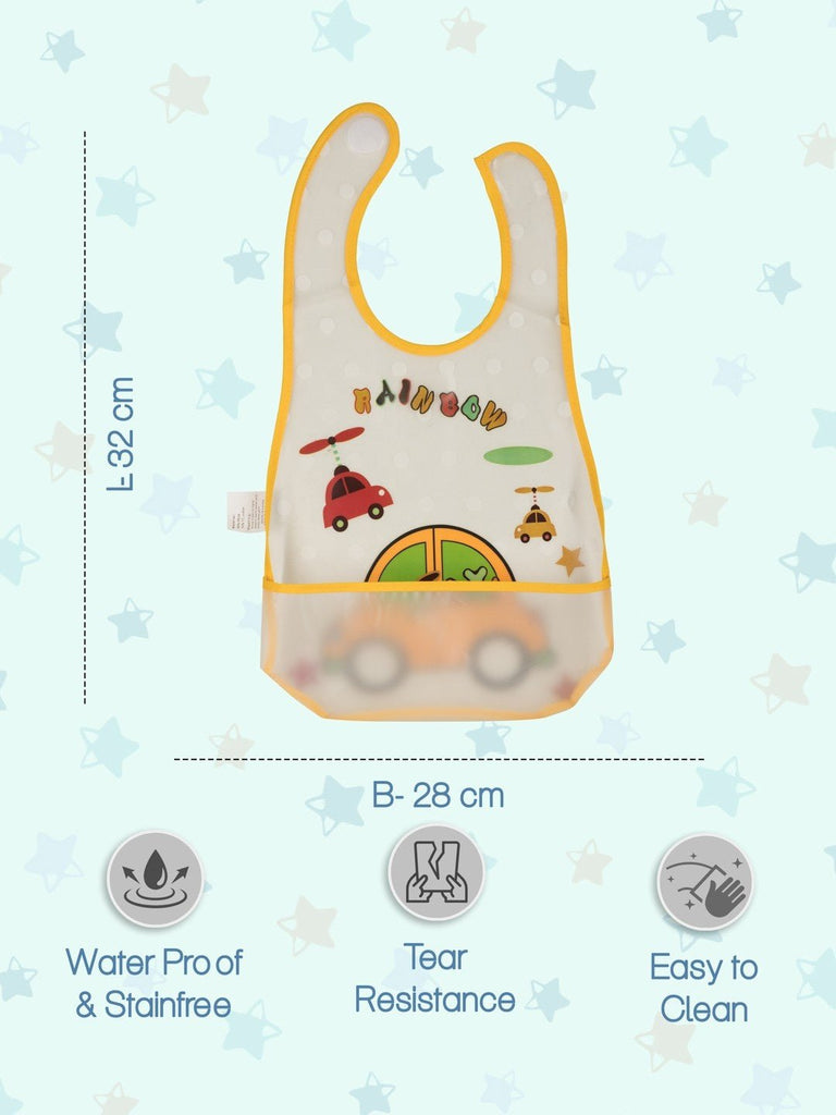 Size and additional design details of Yellow Bee's Tiny Travelers and Pastoral Play baby bib.