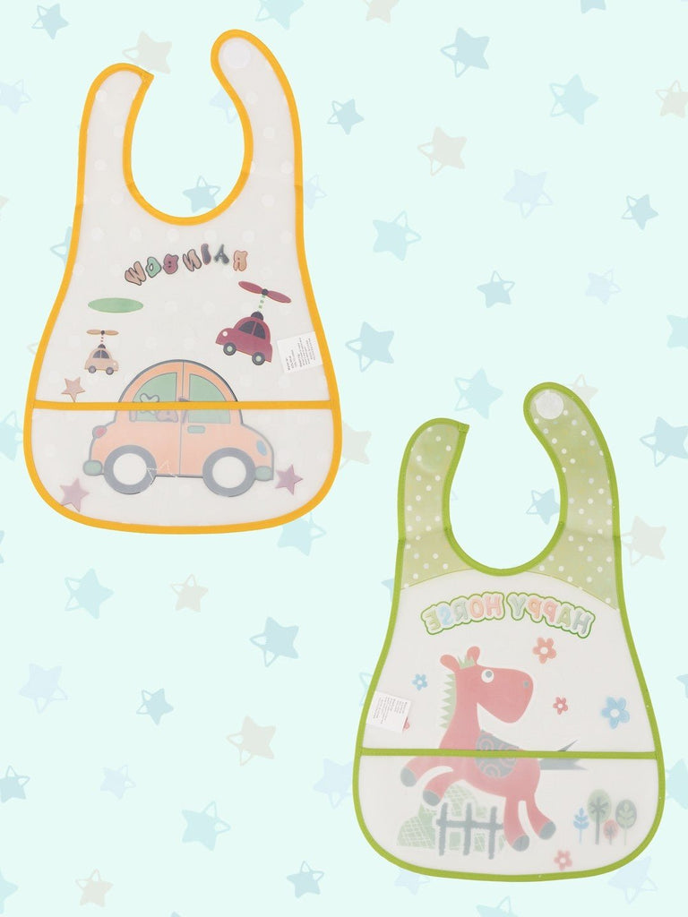 Back side of Yellow Bee's Tiny Travelers and Pastoral Play waterproof baby bib.