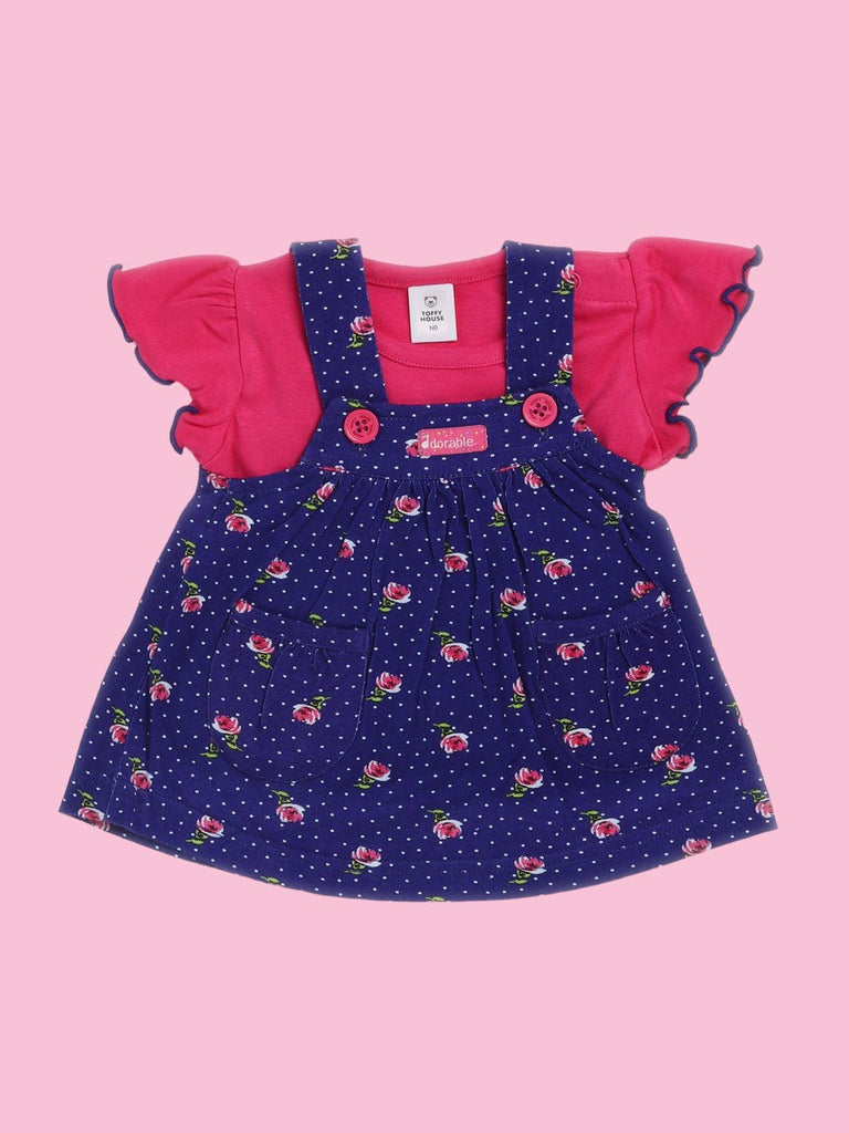 ToffyHouse Adorable Baby Girl's Floral Pinafore Dress with Pink T-Shirt Front View