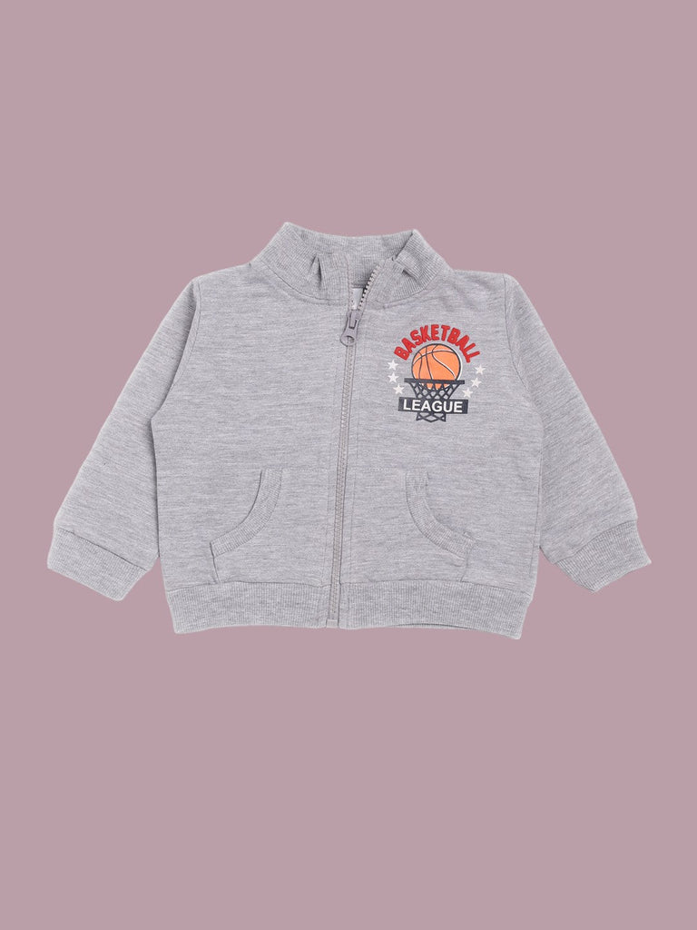 Front view of grey high-neck jacket with basketball-themed print.