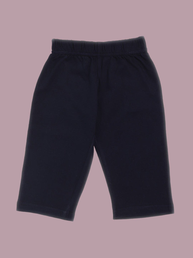 Front view of navy tracksuit pants with an elastic waistband.