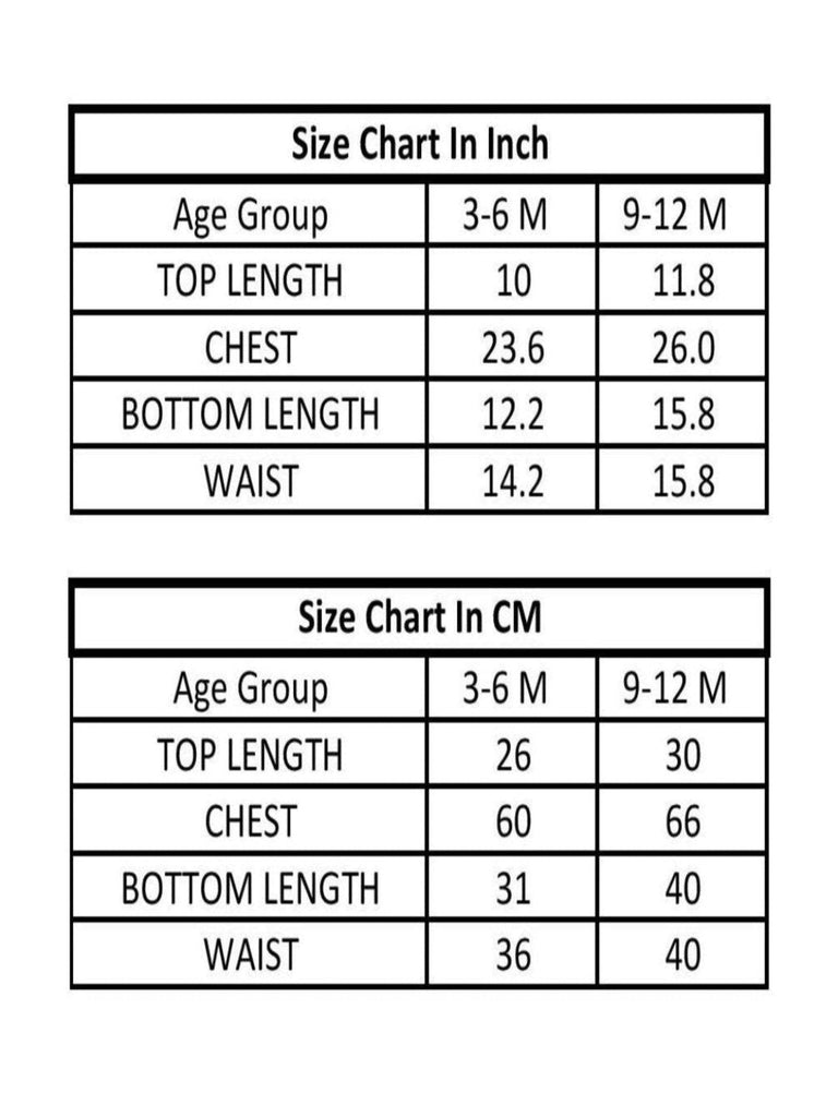 A size chart showing measurements for baby outfits in two age groups: 3-6 months and 9-12 months, with measurements for top length, chest, bottom length, and waist.