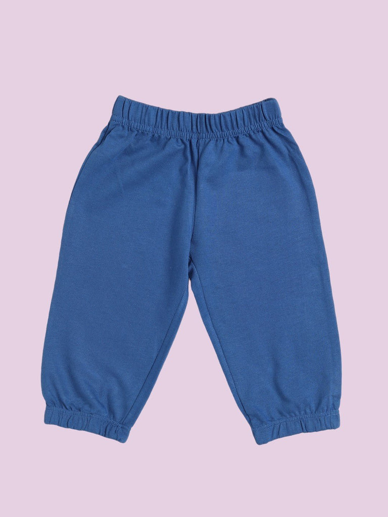 Front view of blue tracksuit pants with an elastic waistband.