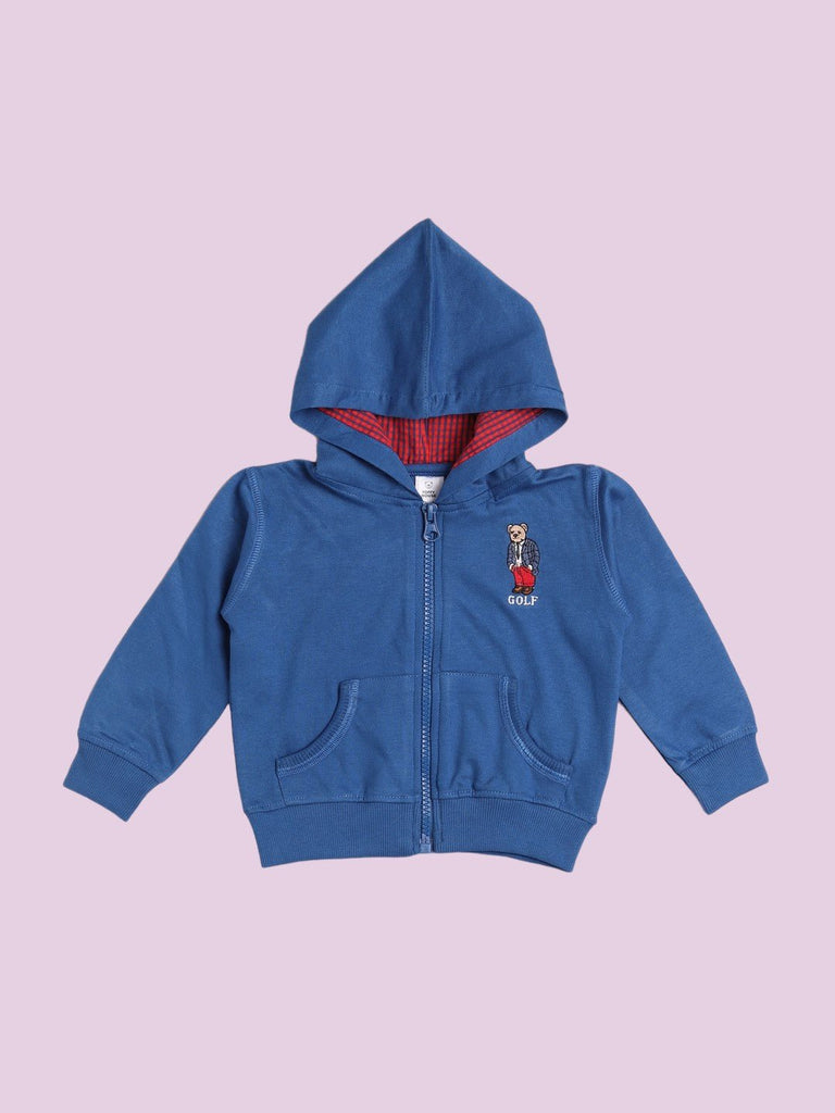 Front view of a blue hooded jacket with bear embroidery and zipper closure.