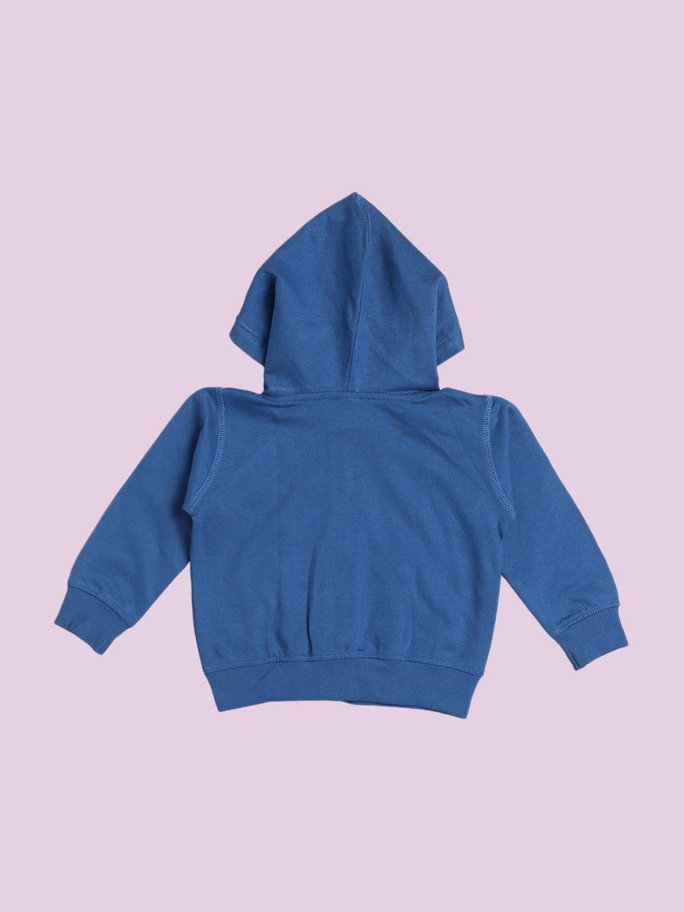 Back view of a blue hooded jacket showing a plain back design.