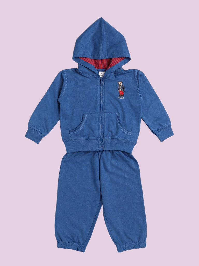 A blue hooded tracksuit set with bear embroidery on the front, including a jacket and pants.